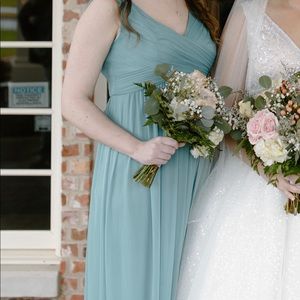 Teal Blue David’s Bridal Bridesmaid Dress with Cowl Back